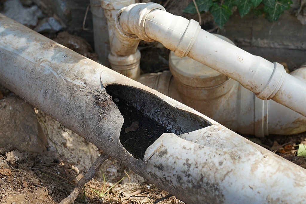 A severely cracked and broken sewer line pipe with a visible hole, illustrating typical underground plumbing damage in Bloomington